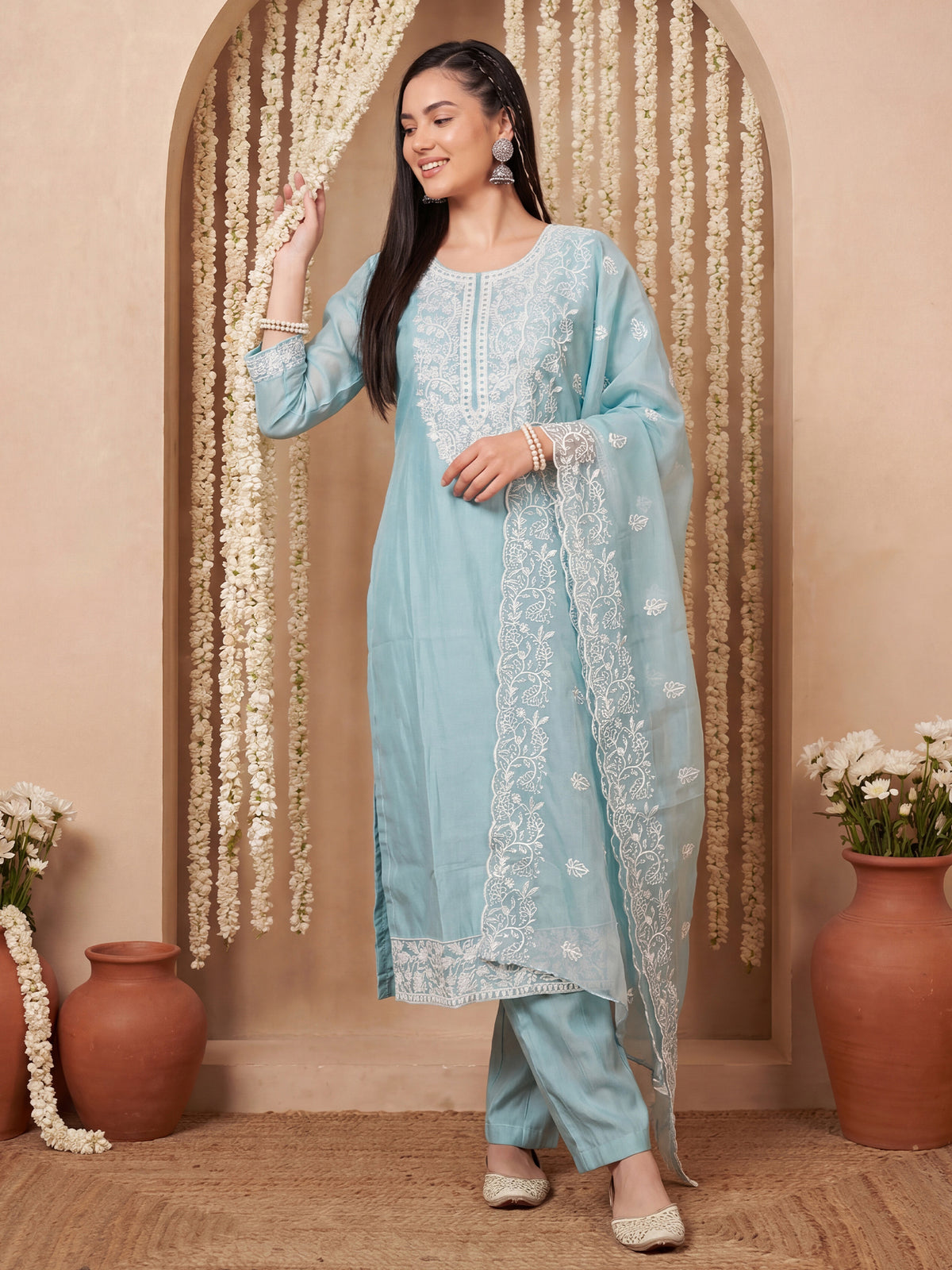 Blue Embroidered Straight Kurta Trousers With Dupatta Set