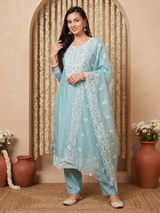 Blue Embroidered Straight Kurta Trousers With Dupatta Set