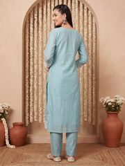 Blue Embroidered Straight Kurta Trousers With Dupatta Set