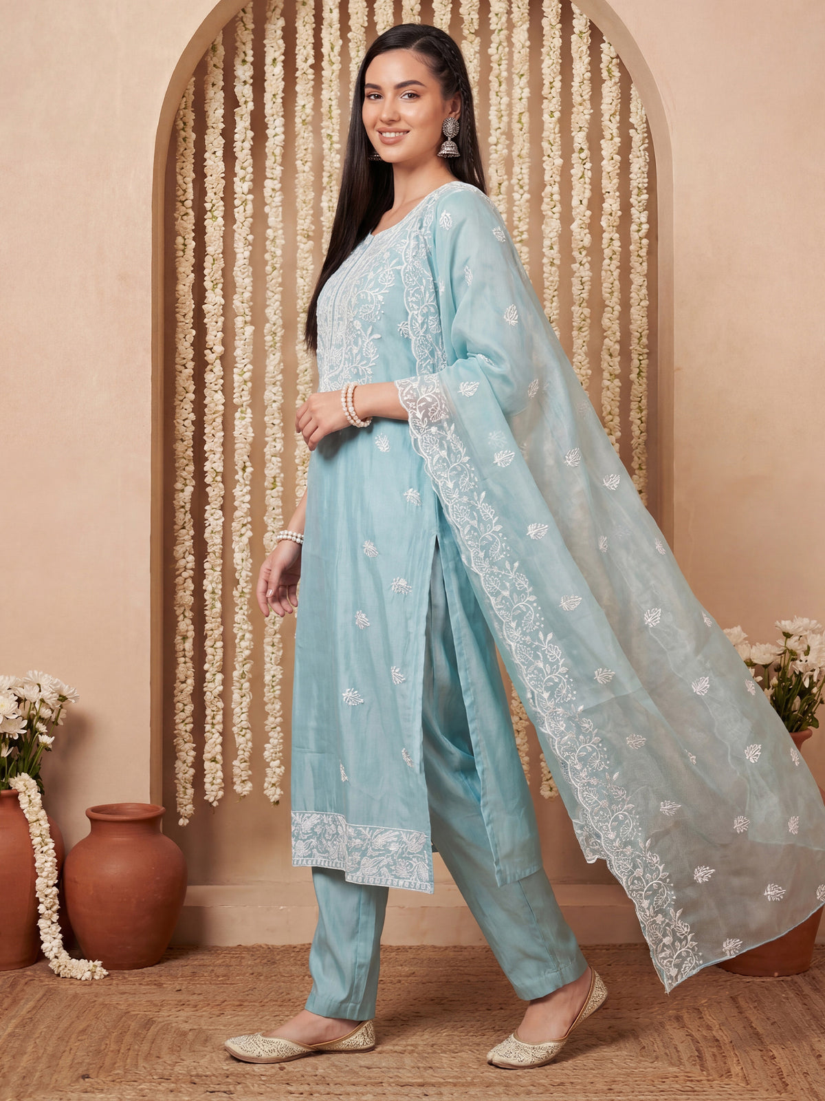 Blue Embroidered Straight Kurta Trousers With Dupatta Set