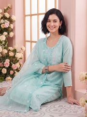 Blue Embroidered Straight Kurta Trousers With Dupatta Set
