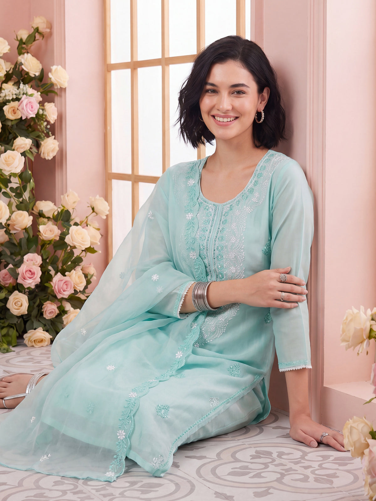 Blue Embroidered Straight Kurta Trousers With Dupatta Set