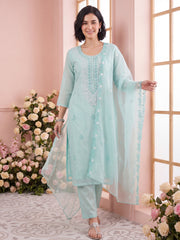 Blue Embroidered Straight Kurta Trousers With Dupatta Set