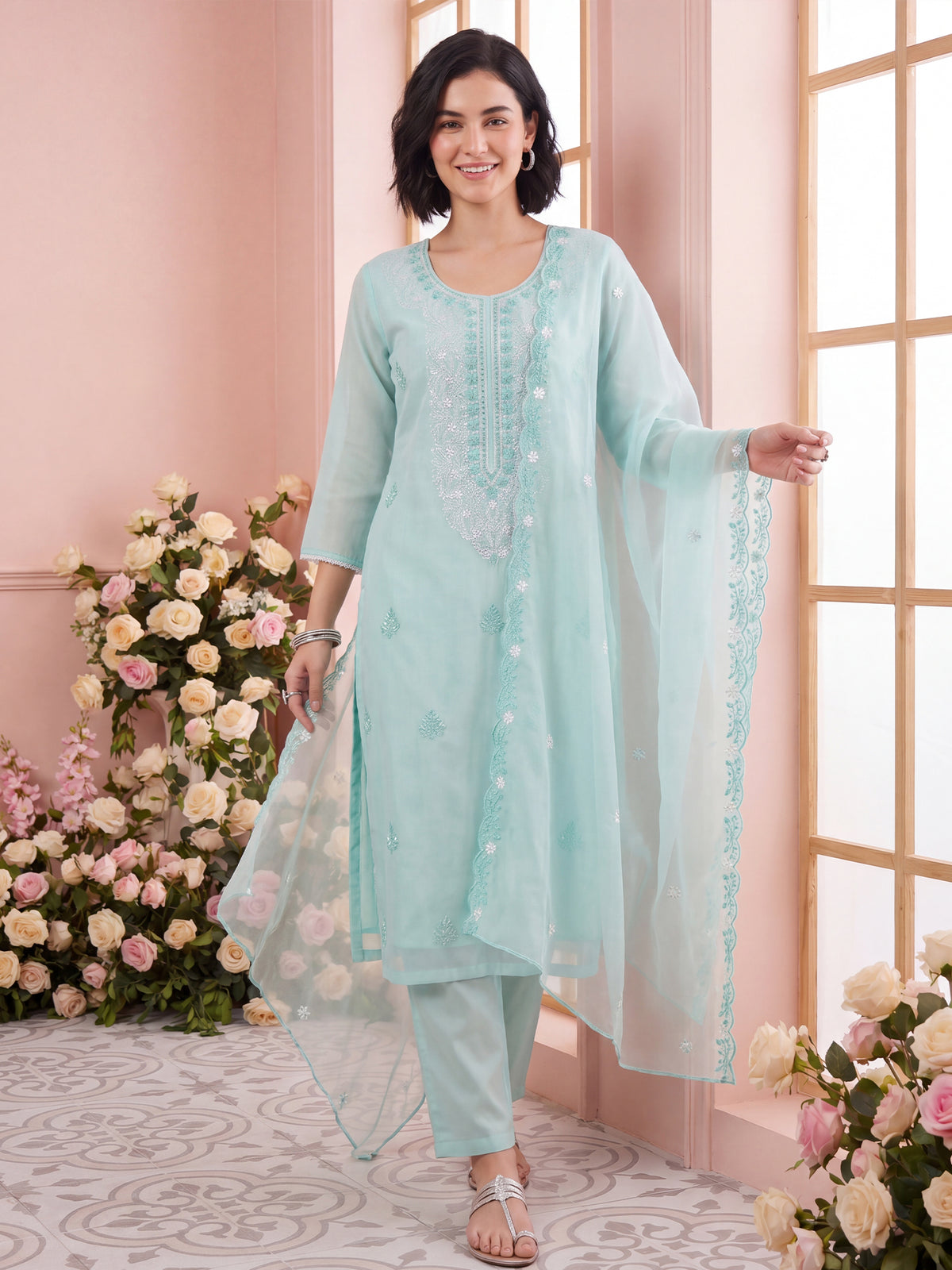 Blue Embroidered Straight Kurta Trousers With Dupatta Set