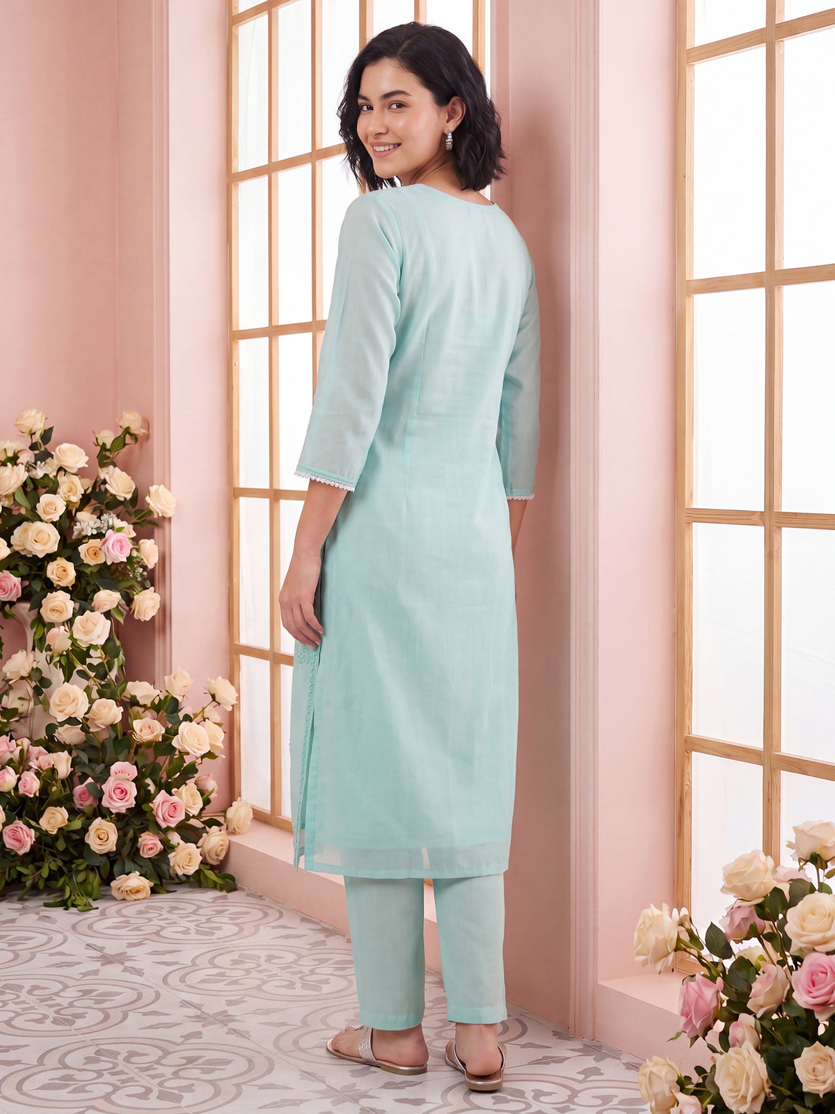 Blue Embroidered Straight Kurta Trousers With Dupatta Set