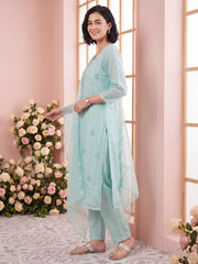 Blue Embroidered Straight Kurta Trousers With Dupatta Set