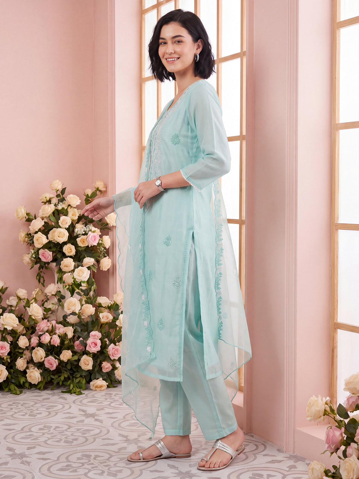 Blue Embroidered Straight Kurta Trousers With Dupatta Set