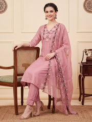Pink Embroidered Straight Kurta Trousers With Dupatta Set