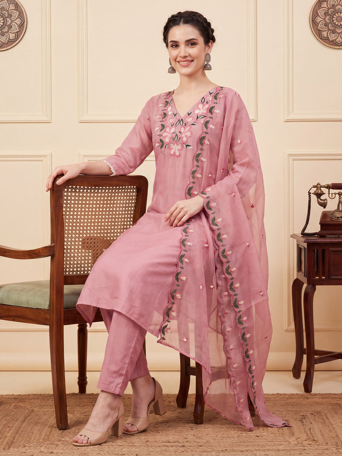 Pink Embroidered Straight Kurta Trousers With Dupatta Set