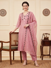 Pink Embroidered Straight Kurta Trousers With Dupatta Set