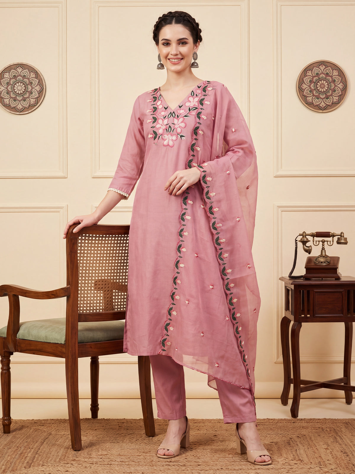 Pink Embroidered Straight Kurta Trousers With Dupatta Set