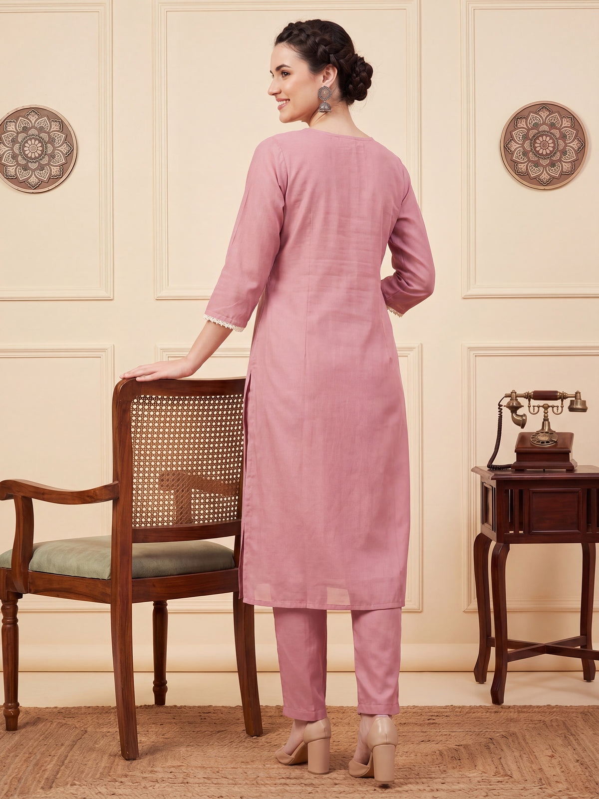 Pink Embroidered Straight Kurta Trousers With Dupatta Set