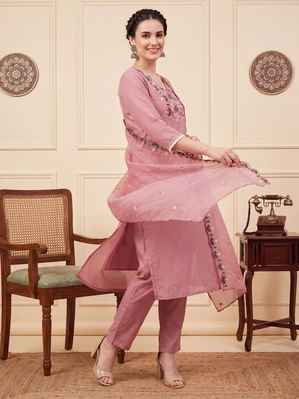 Pink Embroidered Straight Kurta Trousers With Dupatta Set