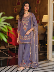 Purple Embroidered Straight Kurta Palazzos With Dupatta Set