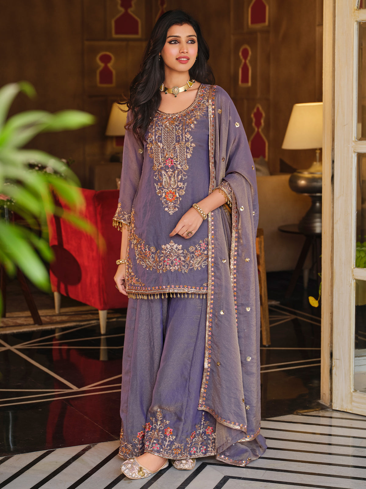 Purple Embroidered Straight Kurta Palazzos With Dupatta Set