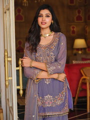 Purple Embroidered Straight Kurta Palazzos With Dupatta Set