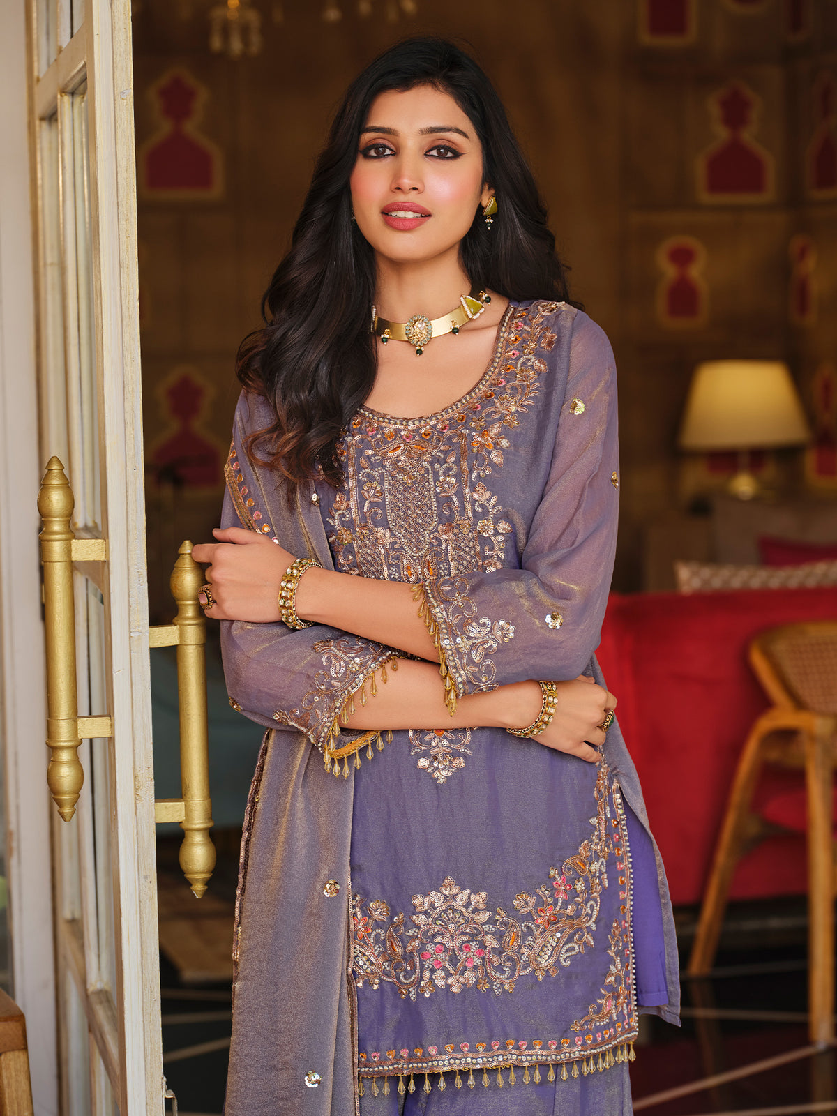 Purple Embroidered Straight Kurta Palazzos With Dupatta Set
