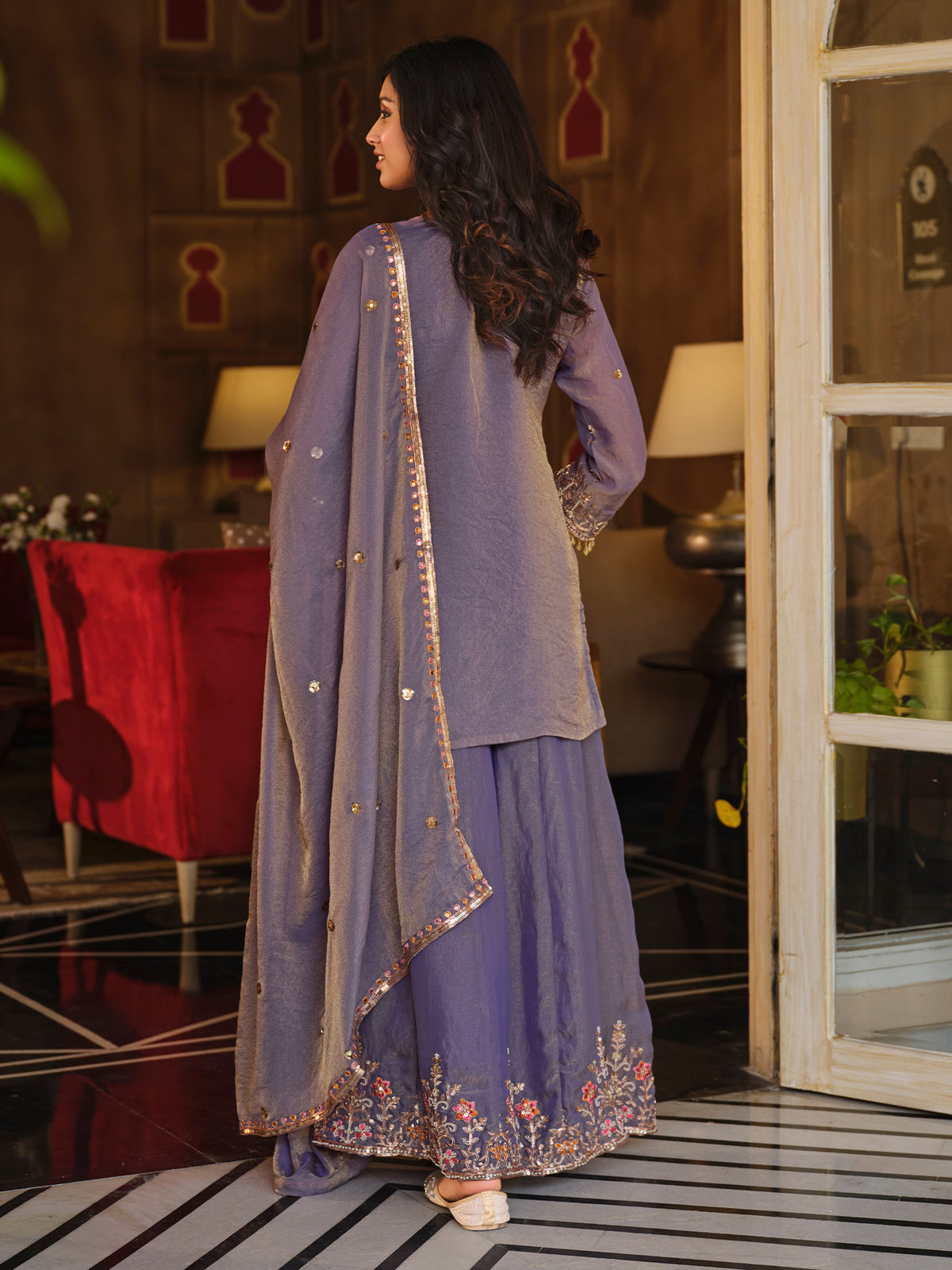 Purple Embroidered Straight Kurta Palazzos With Dupatta Set