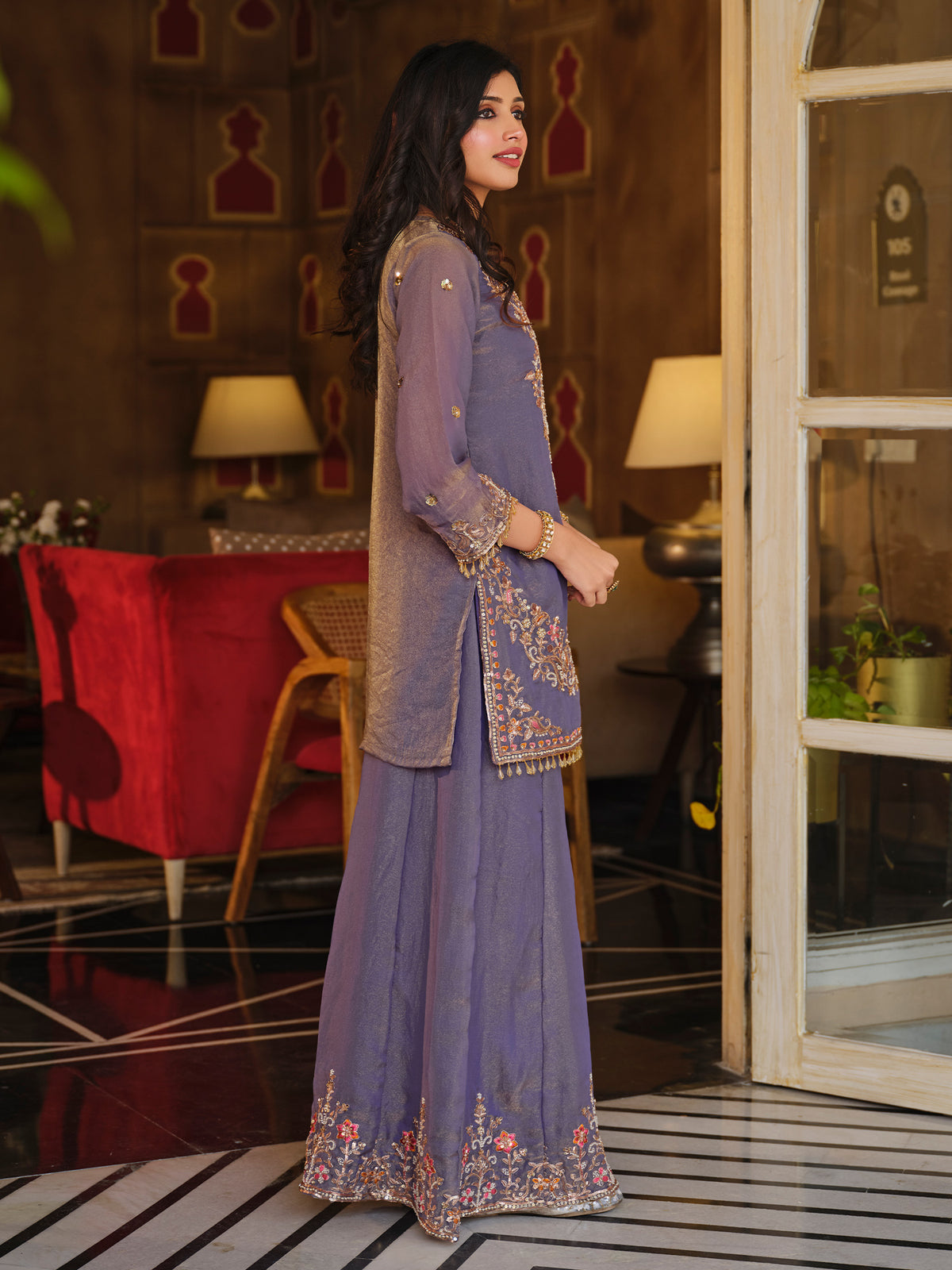 Purple Embroidered Straight Kurta Palazzos With Dupatta Set