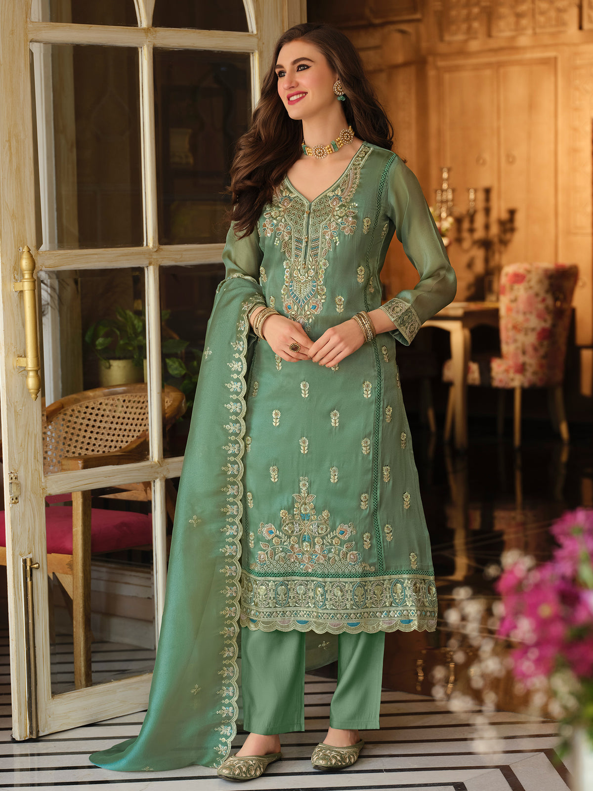 Green Embroidered Straight Kurta Trousers With Dupatta Set