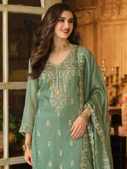 Green Embroidered Straight Kurta Trousers With Dupatta Set
