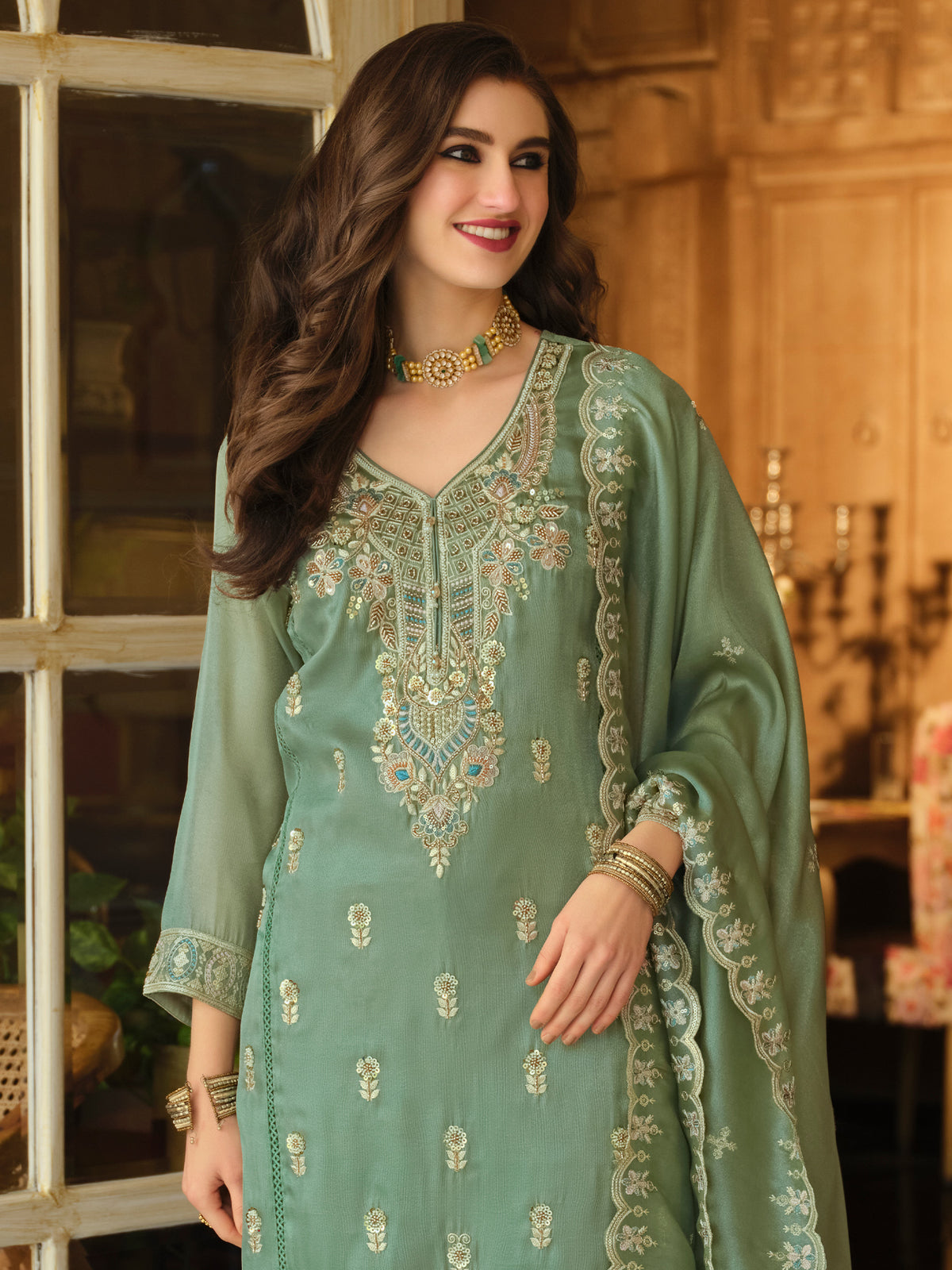 Green Embroidered Straight Kurta Trousers With Dupatta Set