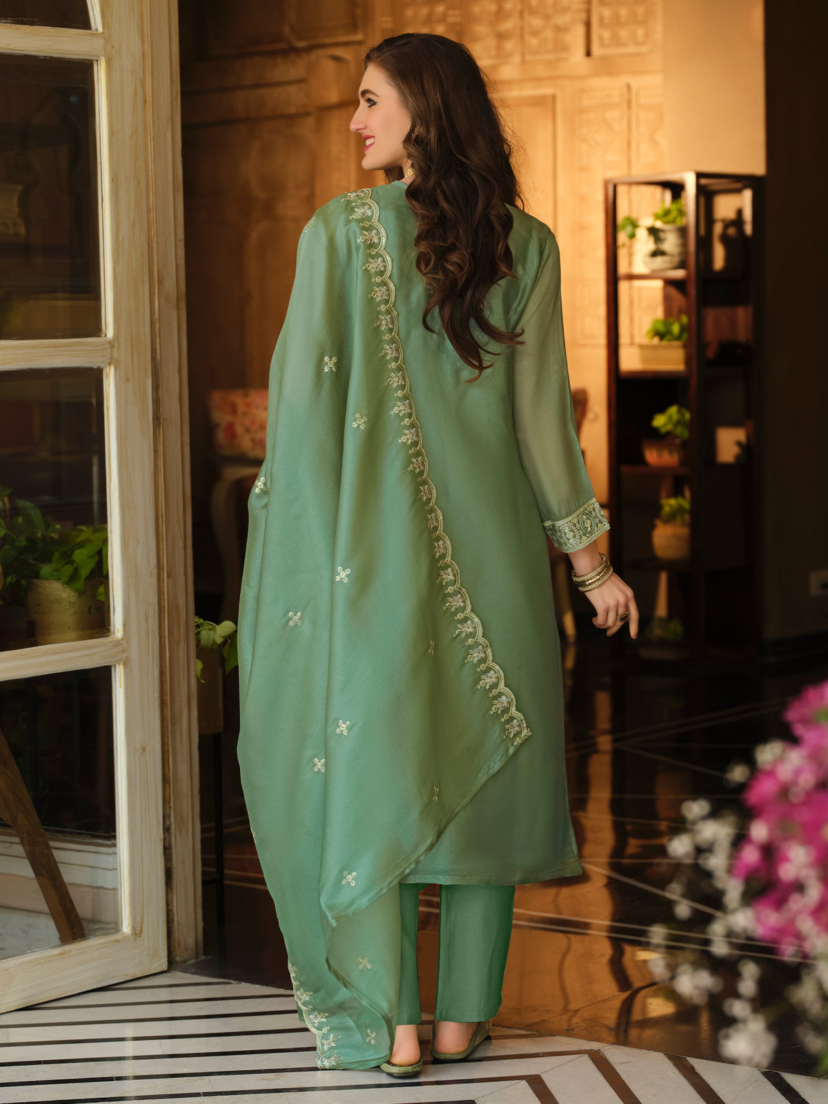 Green Embroidered Straight Kurta Trousers With Dupatta Set