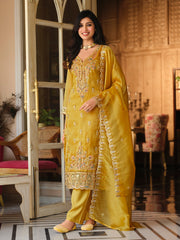 Mustard Embroidered Straight Kurta Trousers With Dupatta Set