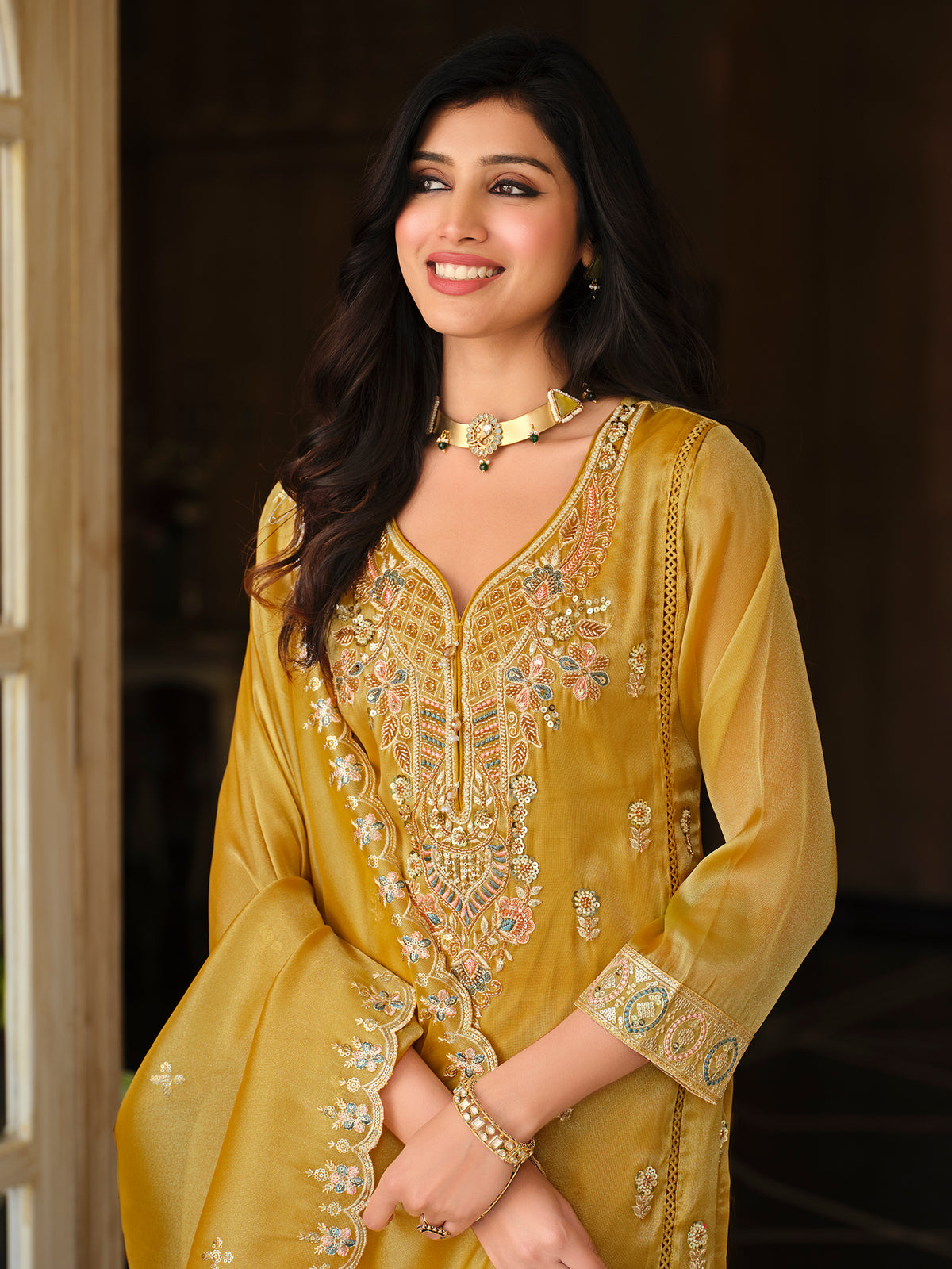 Mustard Embroidered Straight Kurta Trousers With Dupatta Set