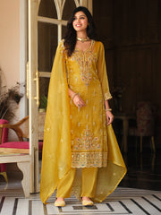 Mustard Embroidered Straight Kurta Trousers With Dupatta Set