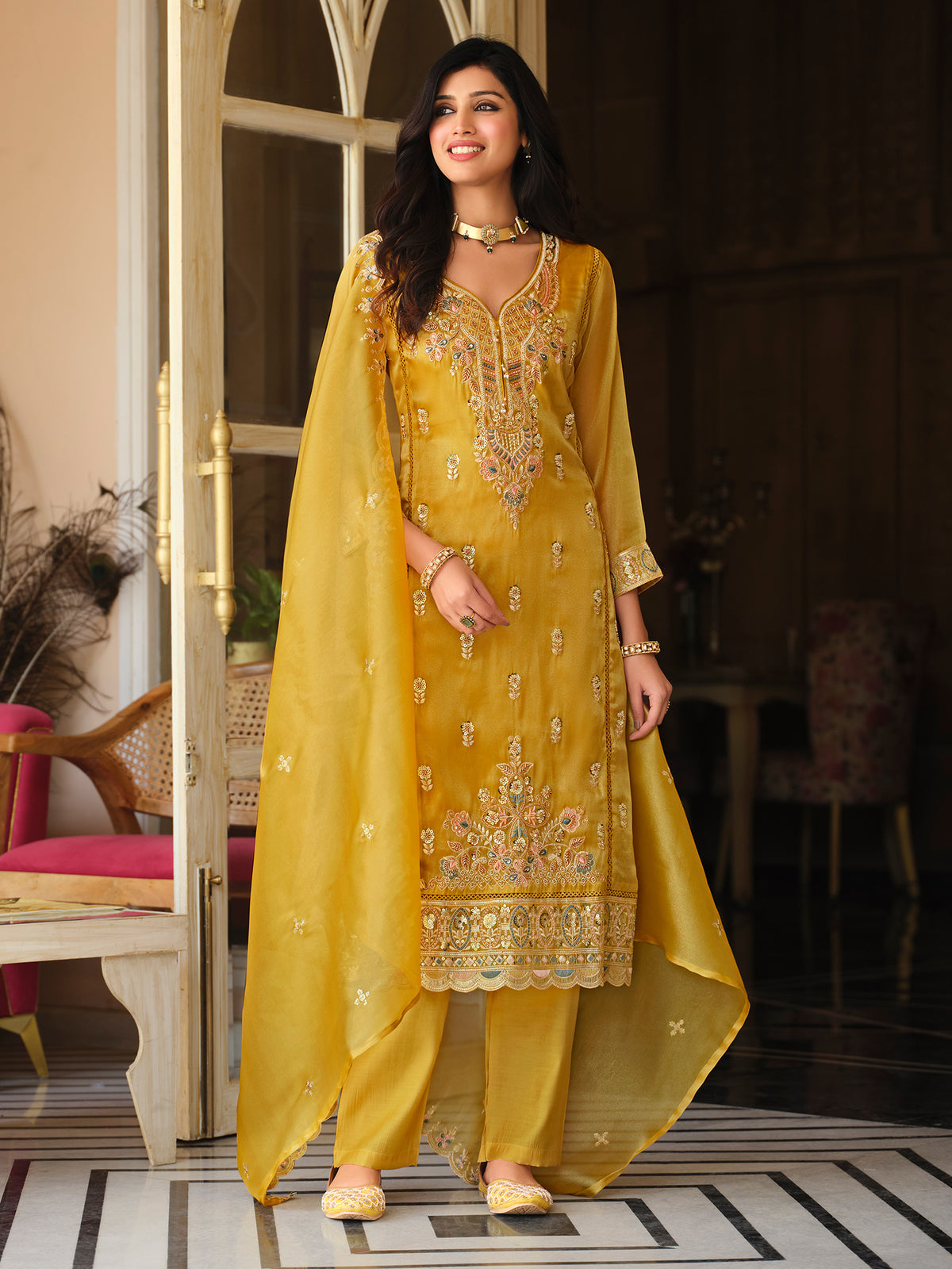 Mustard Embroidered Straight Kurta Trousers With Dupatta Set