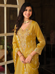 Mustard Embroidered Straight Kurta Trousers With Dupatta Set