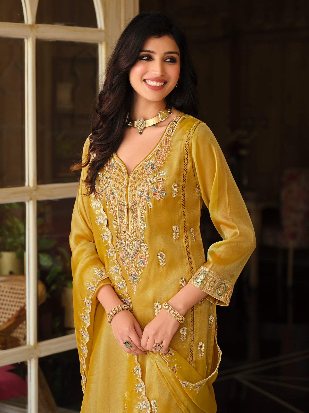 Mustard Embroidered Straight Kurta Trousers With Dupatta Set