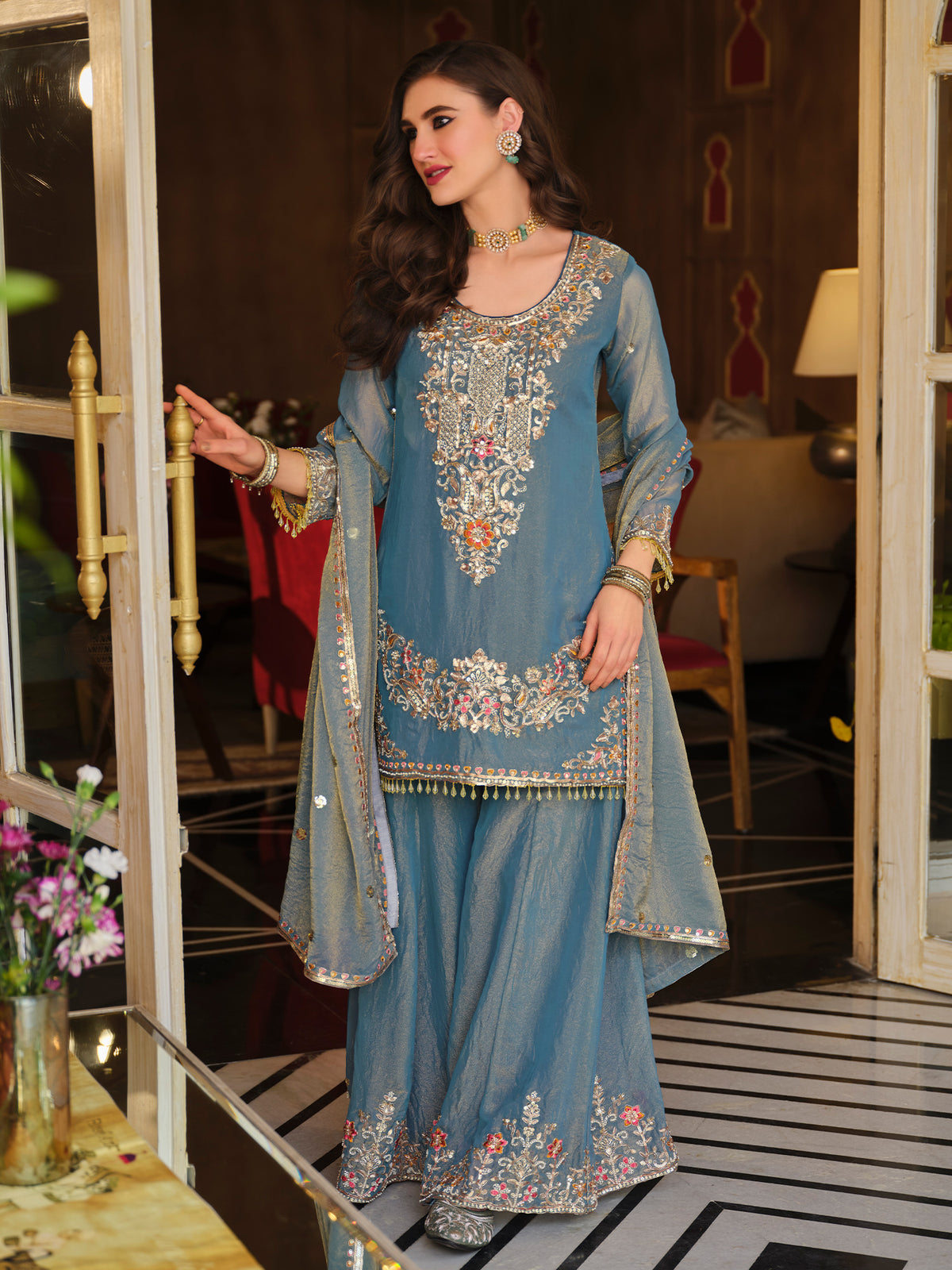 Blue Embroidered Straight Kurta Palazzos With Dupatta Set