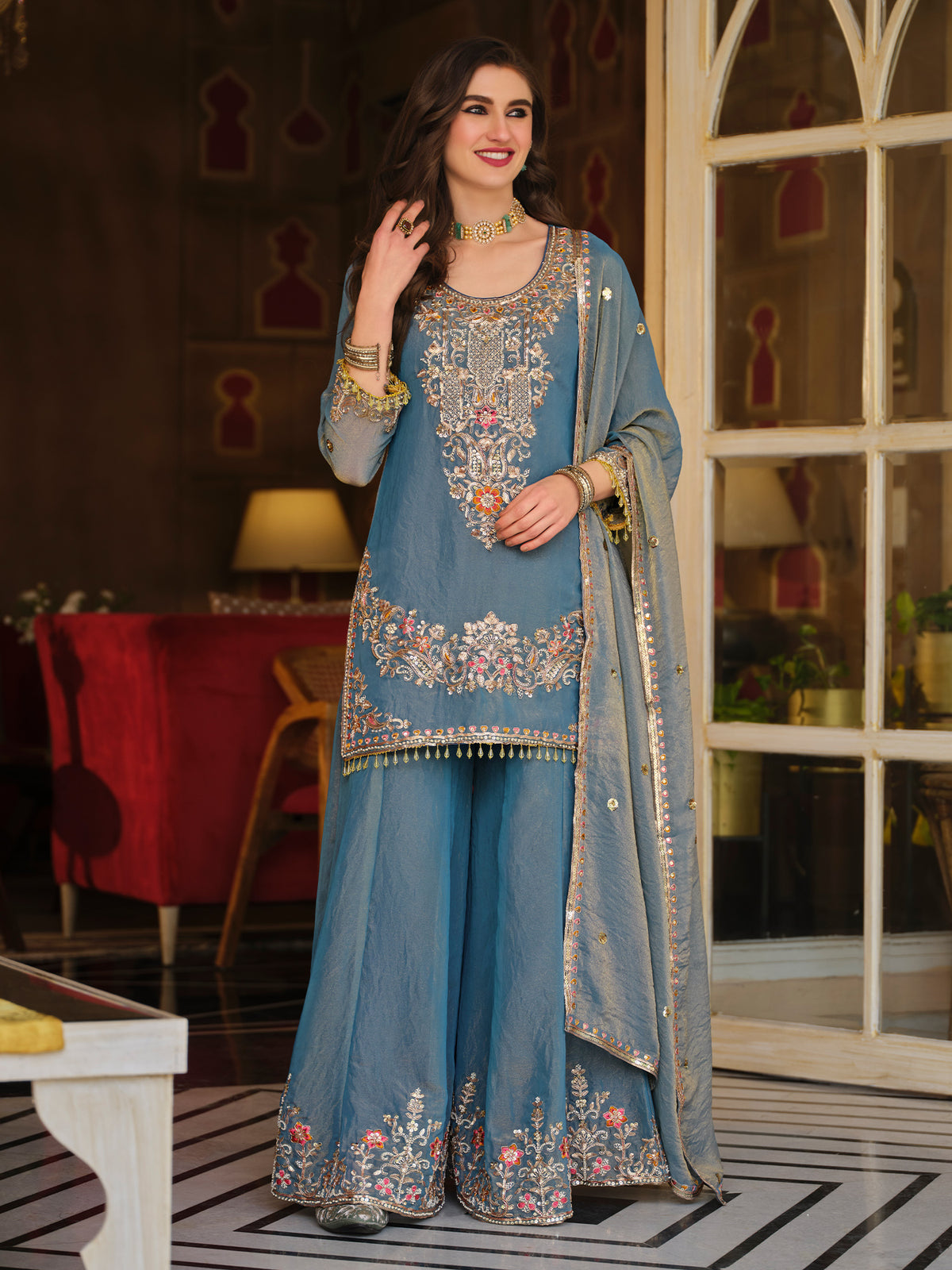 Blue Embroidered Straight Kurta Palazzos With Dupatta Set