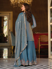 Blue Embroidered Straight Kurta Palazzos With Dupatta Set