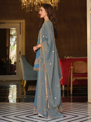 Blue Embroidered Straight Kurta Palazzos With Dupatta Set