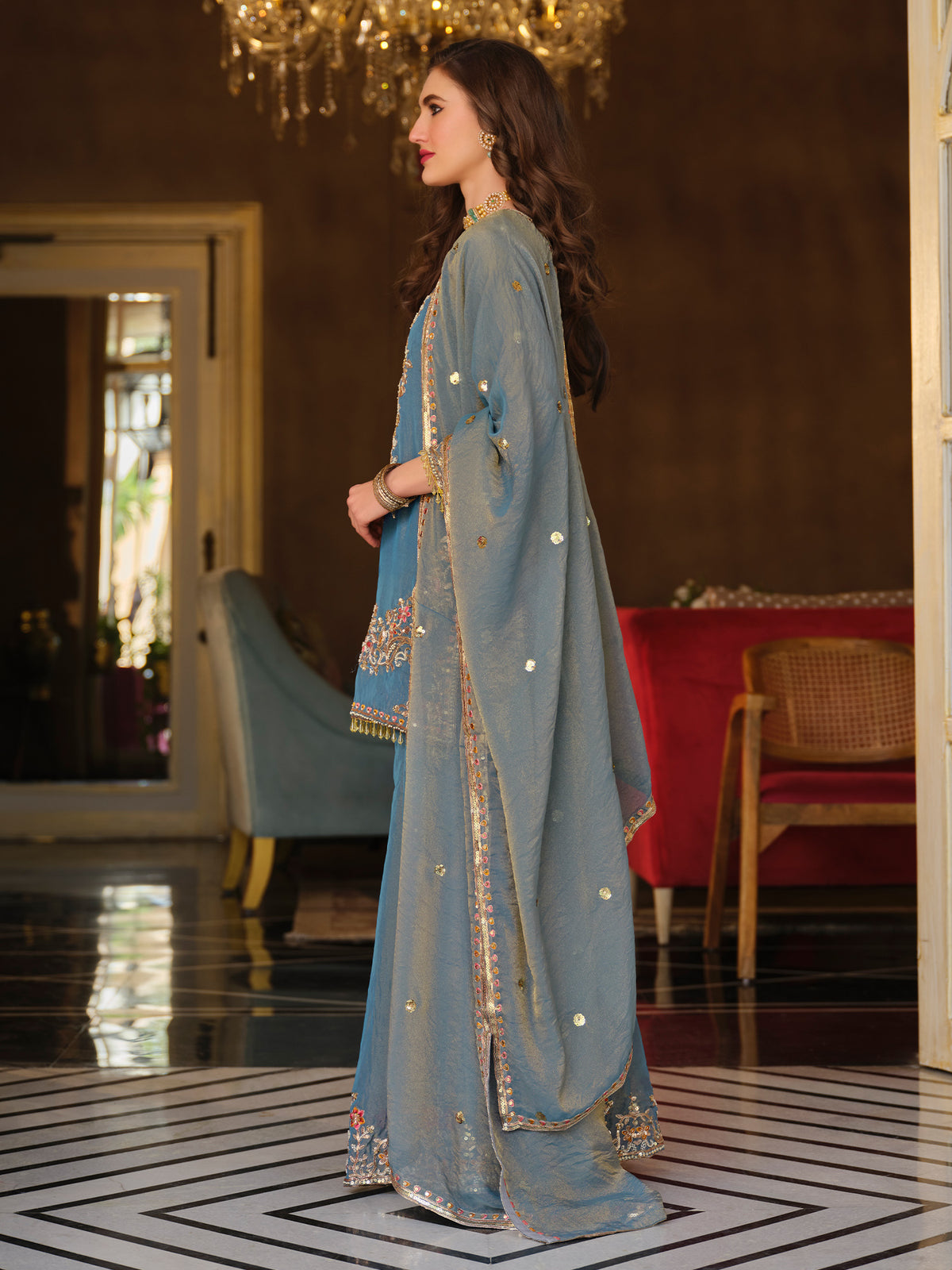 Blue Embroidered Straight Kurta Palazzos With Dupatta Set