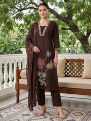 Brown Embroidered Straight Kurta Trousers With Dupatta Set