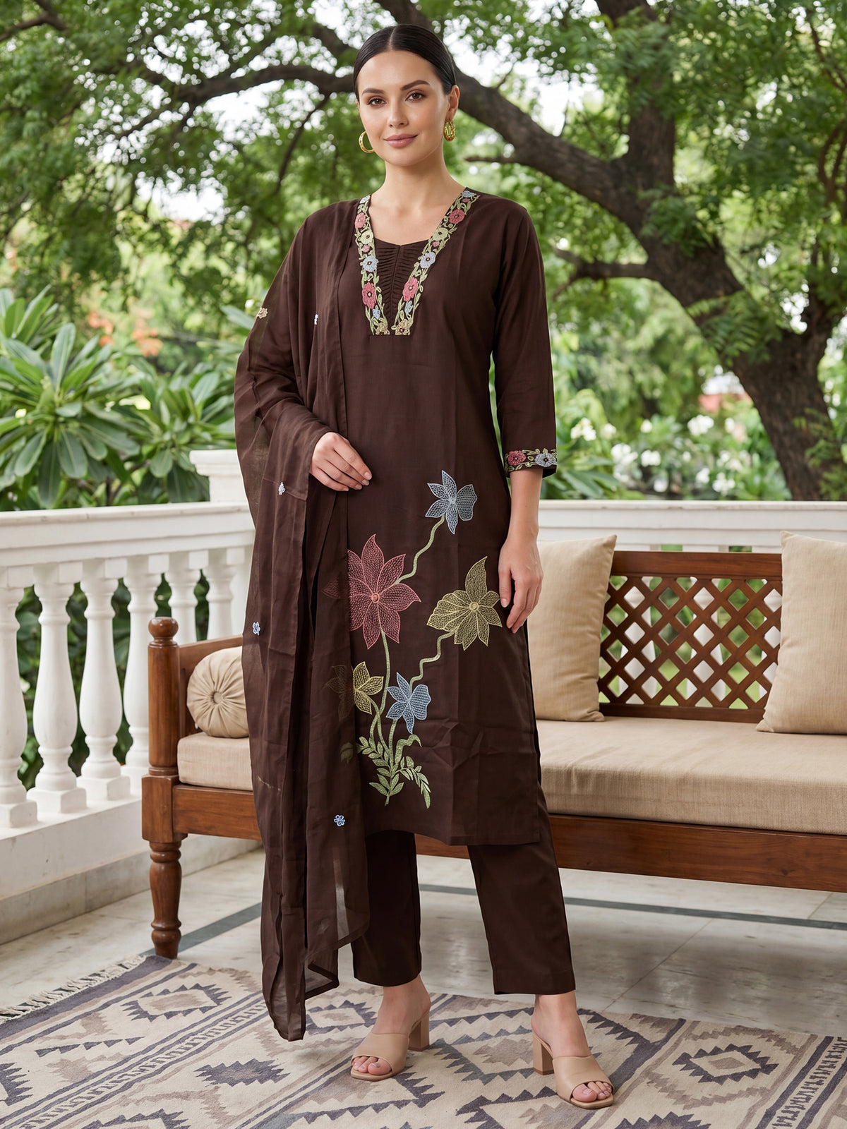 Brown Embroidered Straight Kurta Trousers With Dupatta Set