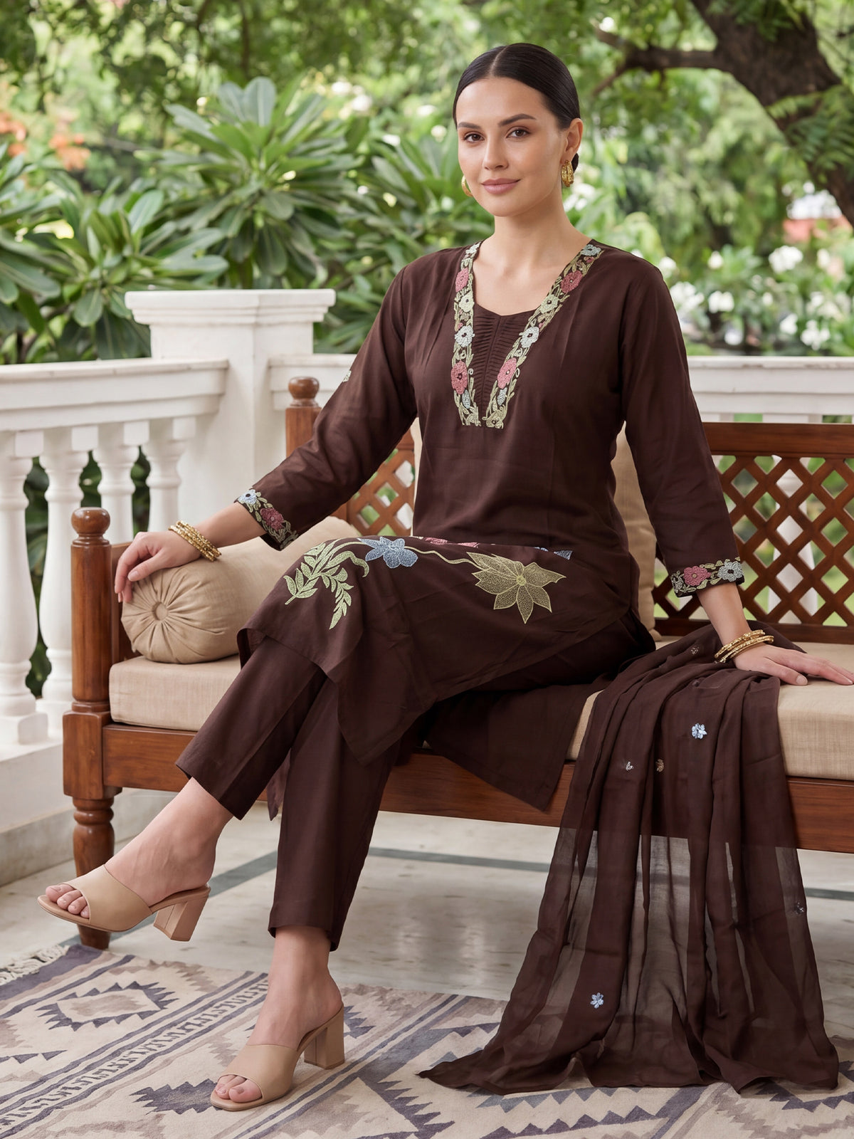 Brown Embroidered Straight Kurta Trousers With Dupatta Set