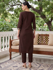 Brown Embroidered Straight Kurta Trousers With Dupatta Set
