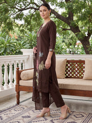 Brown Embroidered Straight Kurta Trousers With Dupatta Set