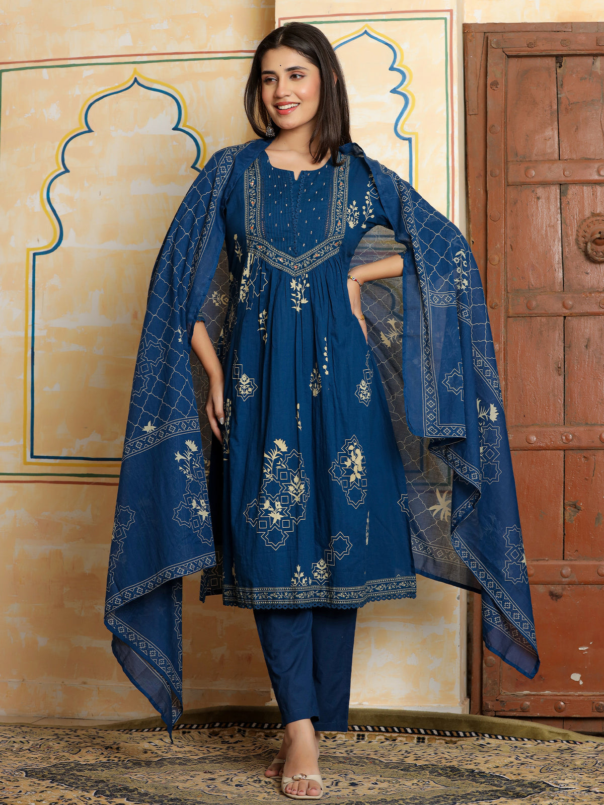 Blue Printed A-Line Kurta Trousers With Dupatta Set