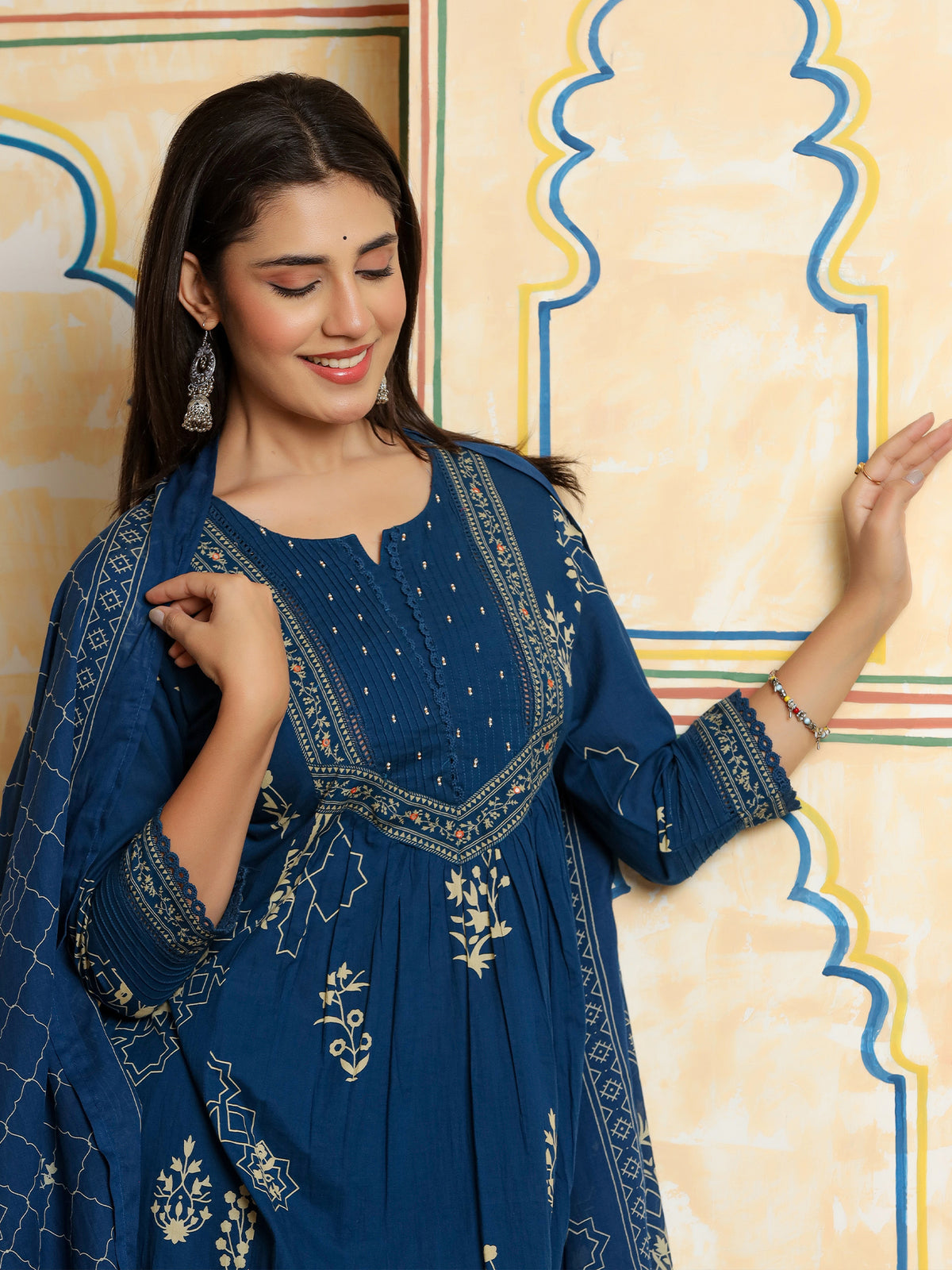 Blue Printed A-Line Kurta Trousers With Dupatta Set