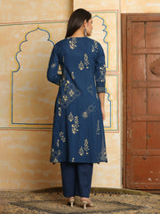 Blue Printed A-Line Kurta Trousers With Dupatta Set