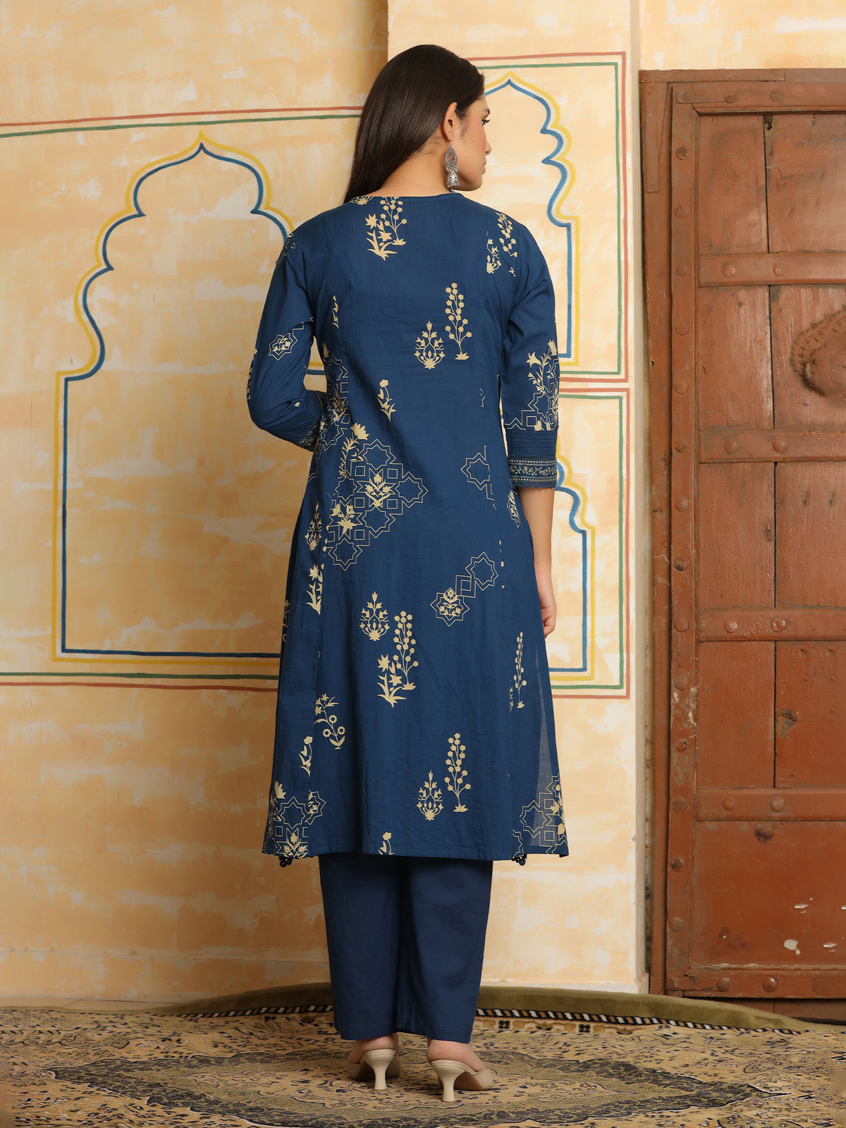Blue Printed A-Line Kurta Trousers With Dupatta Set