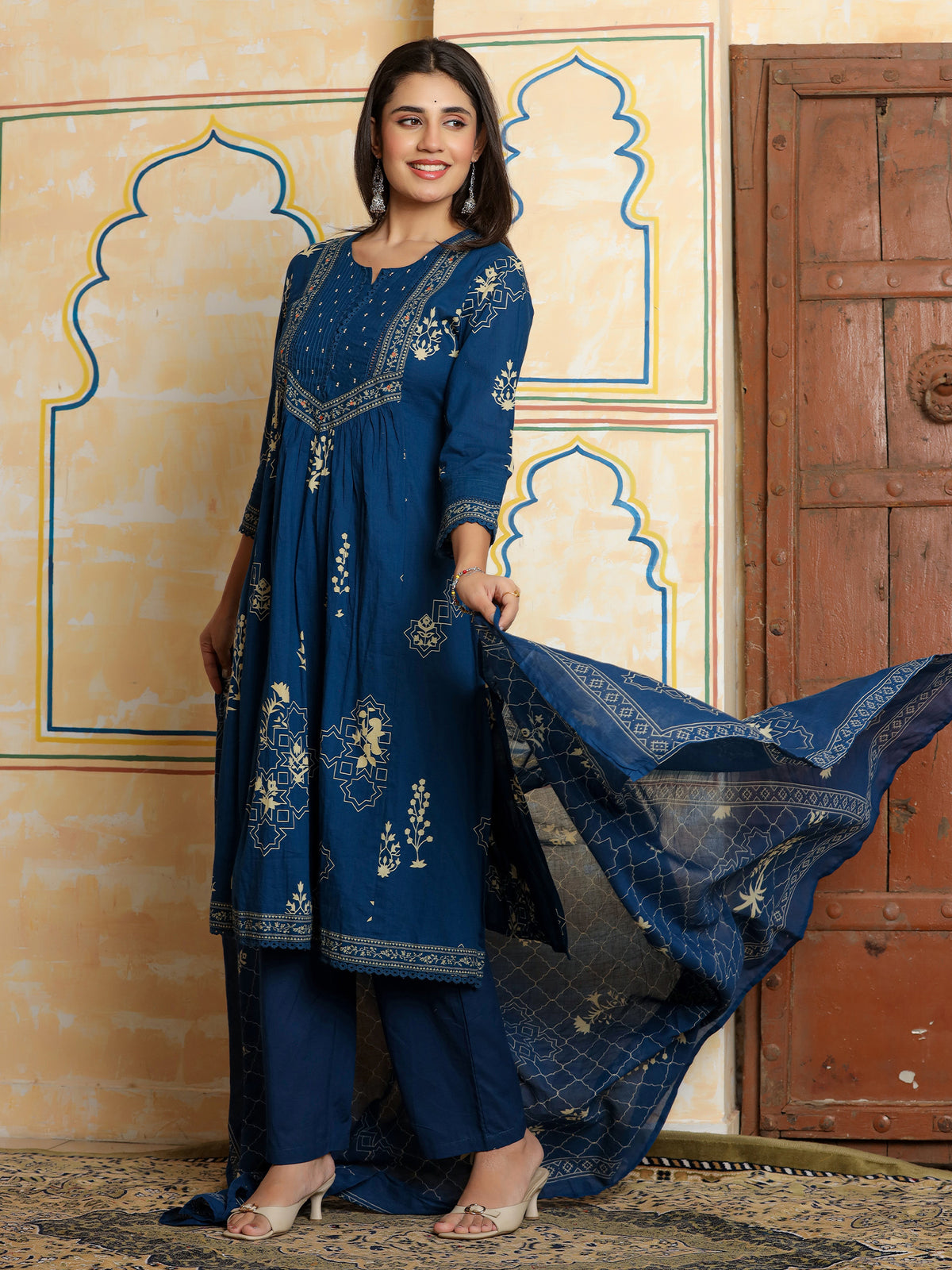 Blue Printed A-Line Kurta Trousers With Dupatta Set