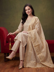 Off White Embroidered Straight Kurta Trousers With Dupatta Set