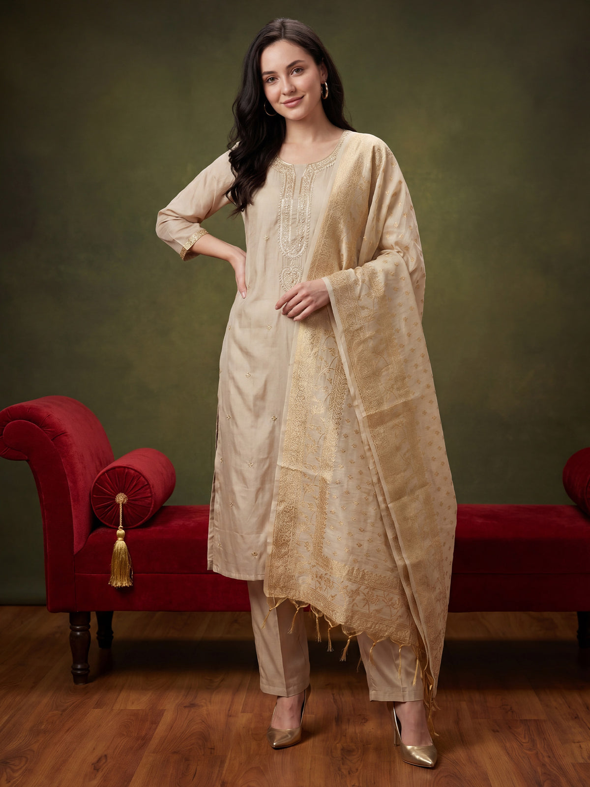 Off White Embroidered Straight Kurta Trousers With Dupatta Set